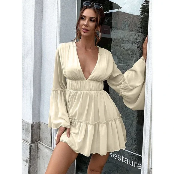 Plunging v Neck Frill Ruffle Hem long sleeve Chiffon mini Dress white - Picture 4 of 11